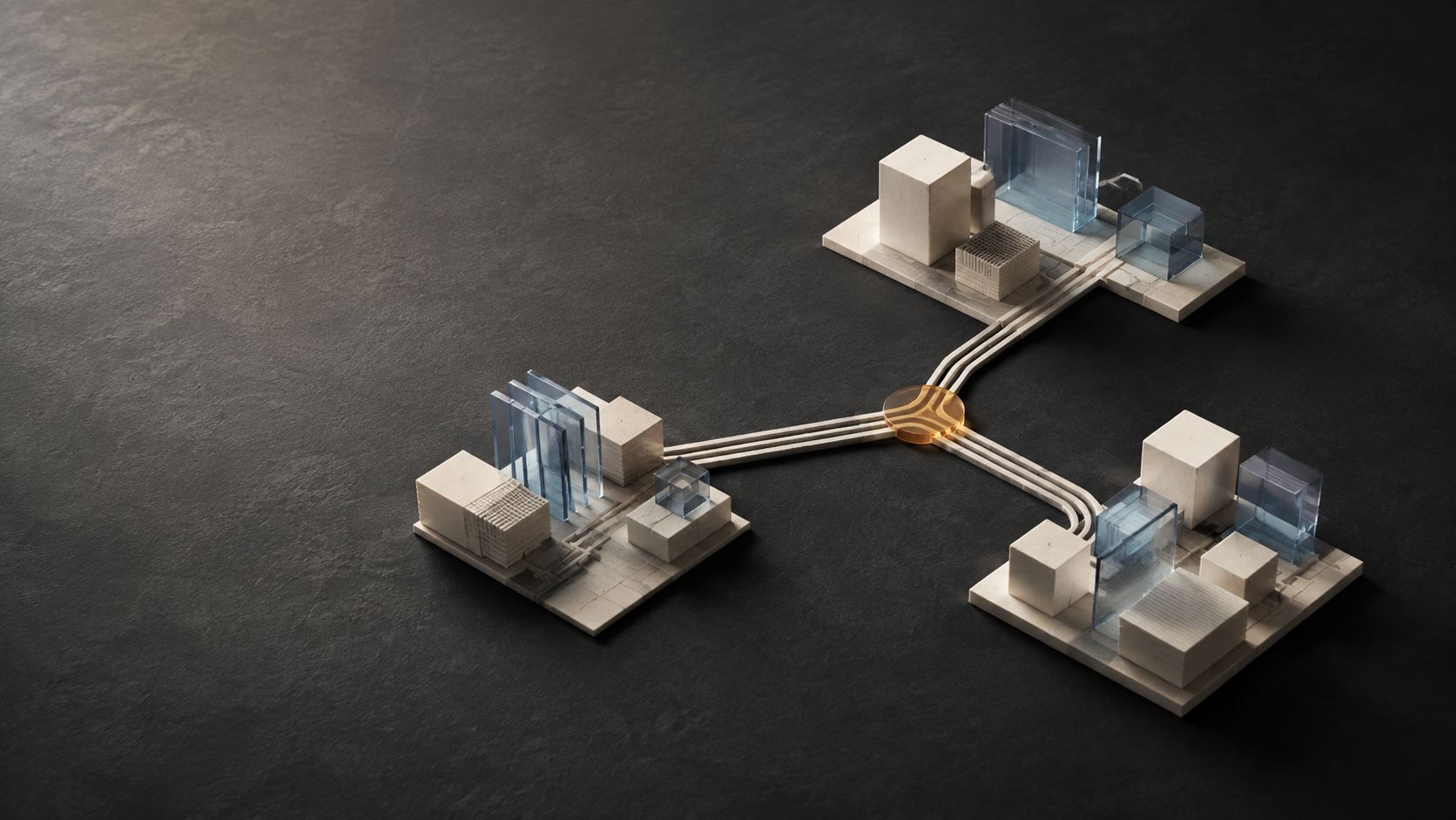 Architectural forms linked through an amber decision point